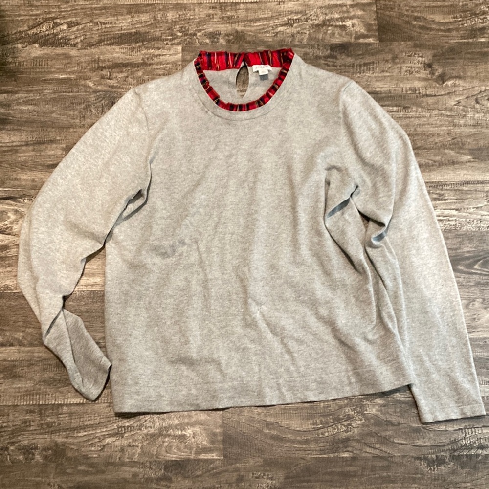 J. Crew Factory Gray Sweater with Red Plaid Trim